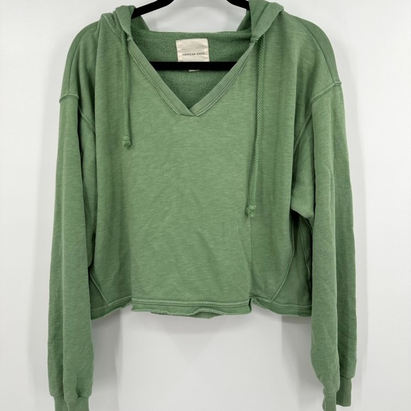 American Eagle Outfitters Hoodie Womens Large Green Cropped Drawstring Pullover - Picture 1 of 8